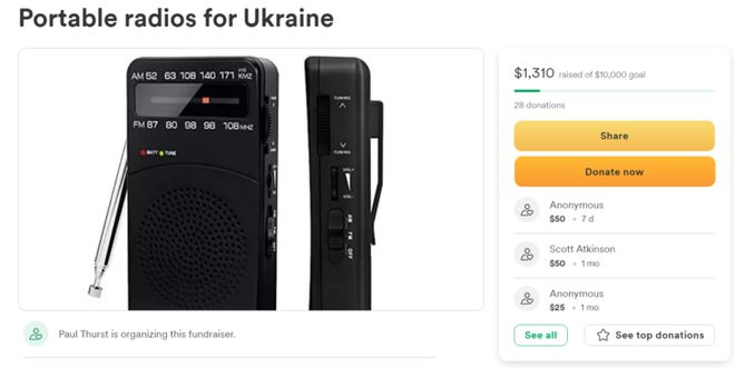 他众筹1300多美元向饱受战争蹂躏的乌克兰寄送120台便携式收音机